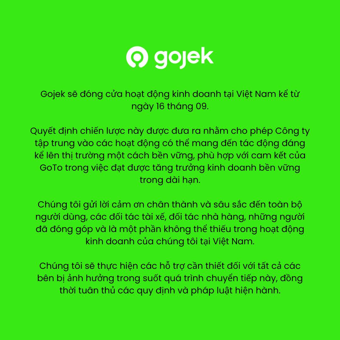 Gojek thông báo rời thị trường Việt Nam | Ảnh: Gojek Việt Nam